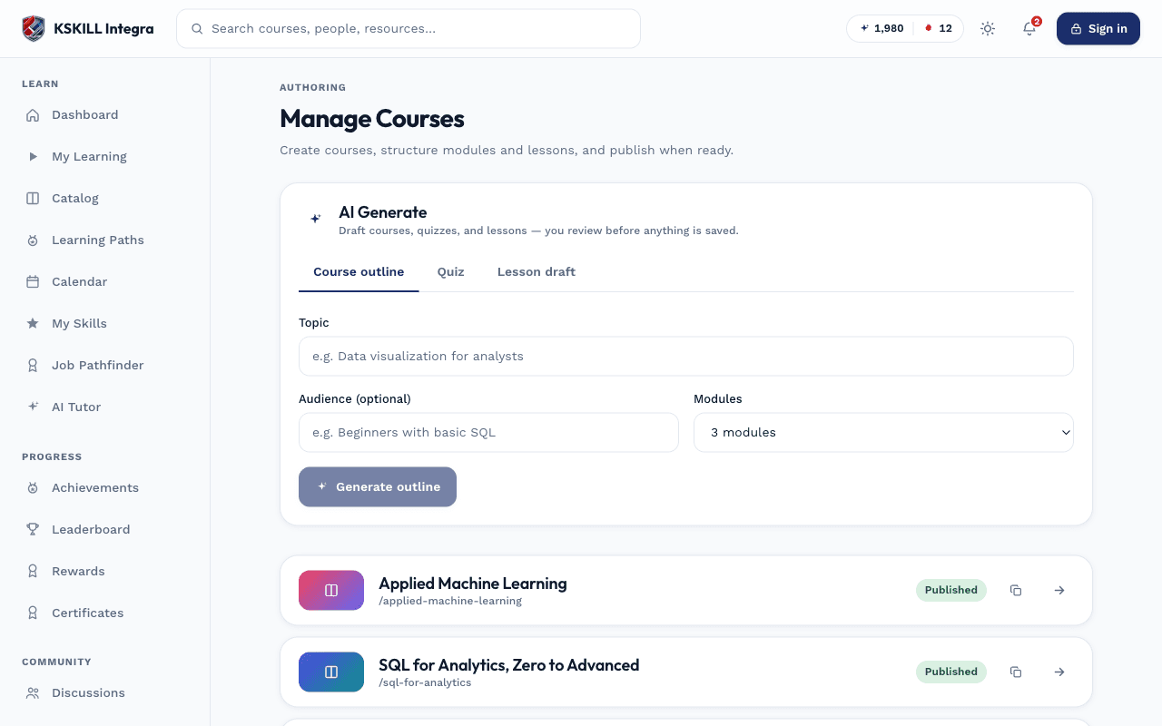 KSKILL Integra — Course builder screen
