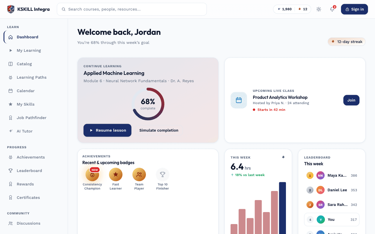 KSKILL Integra — Learner home screen