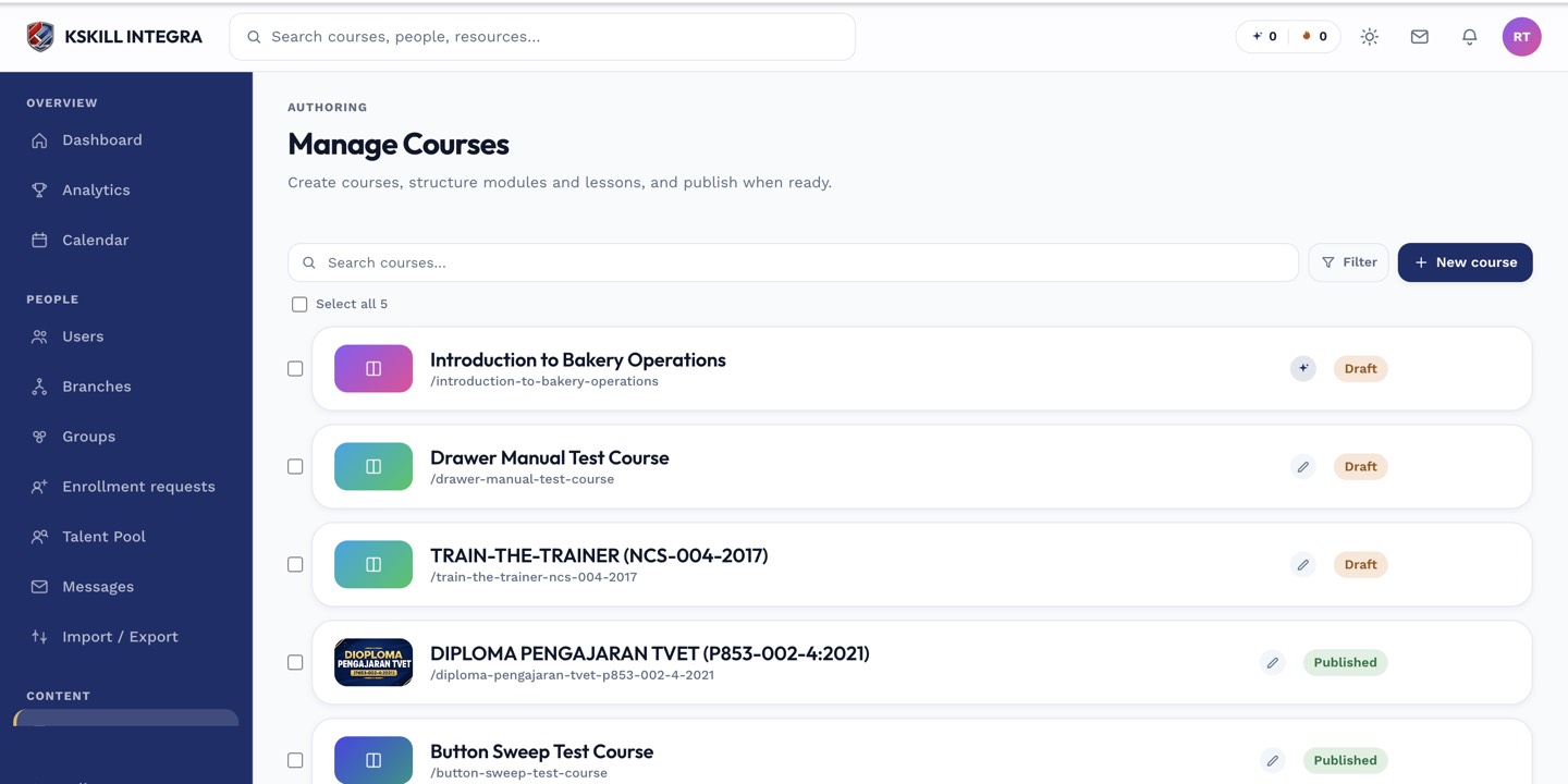 Manage Courses list with the New course button in the top right