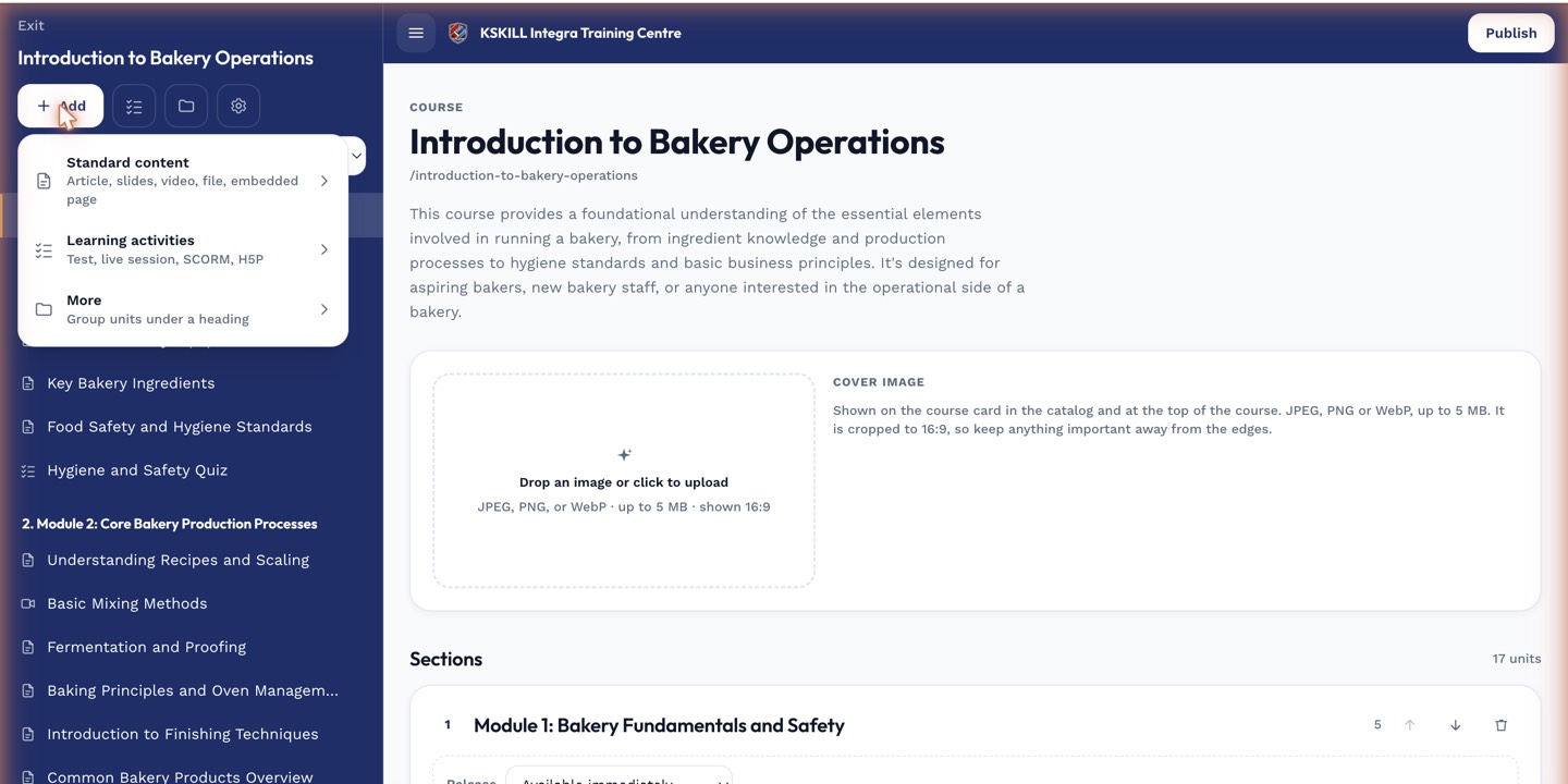 Add-unit menu listing every lesson type