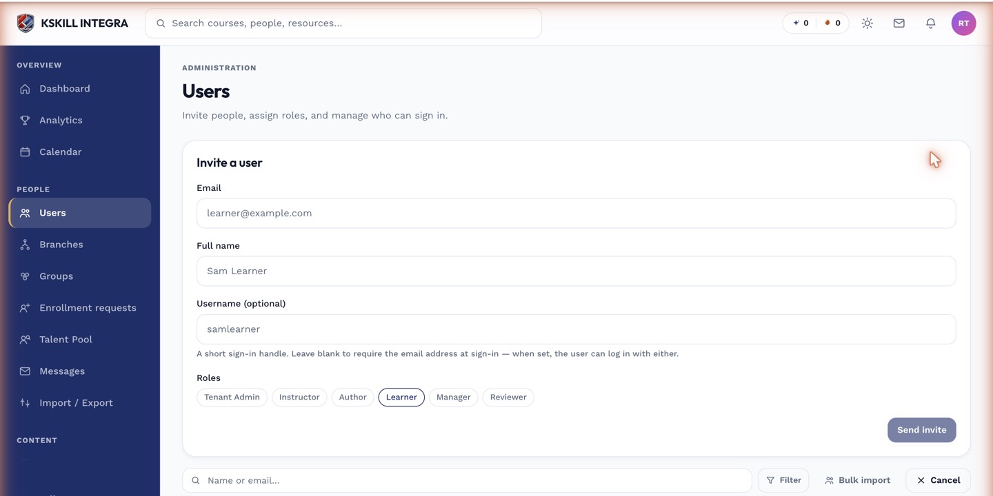 Invite user drawer with email, name, role and branch fields