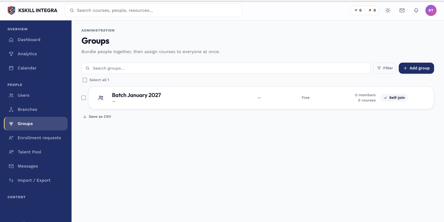 Manage Groups list with the Add group button visible