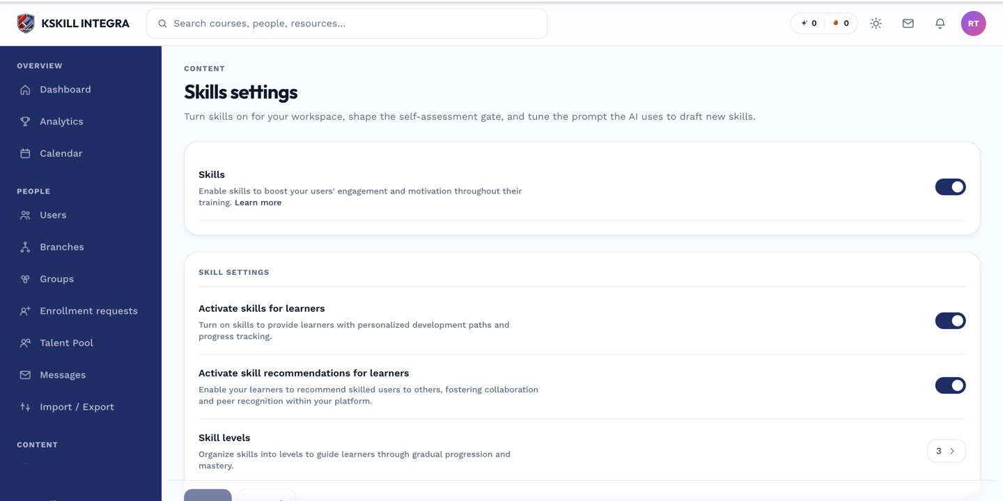 Skills settings page with its four configuration cards