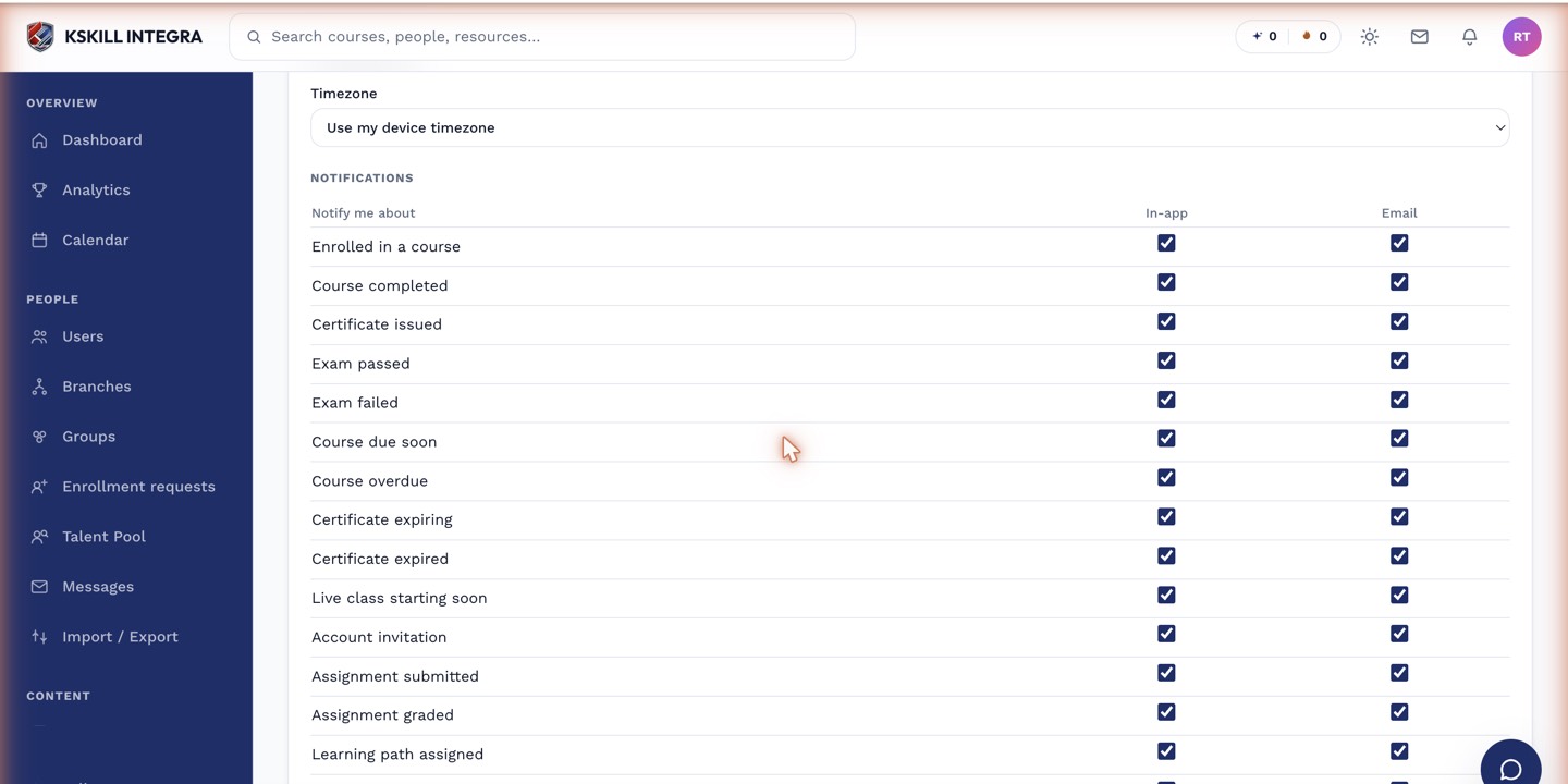 Notification preferences page listing the skill expired event